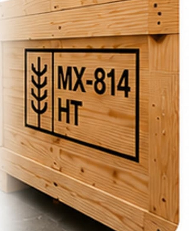 Detalle del sello MX-814-HT marcado sobre la duela de una caja de madera.