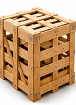 Huacal industrial de madera con duelas separadas.